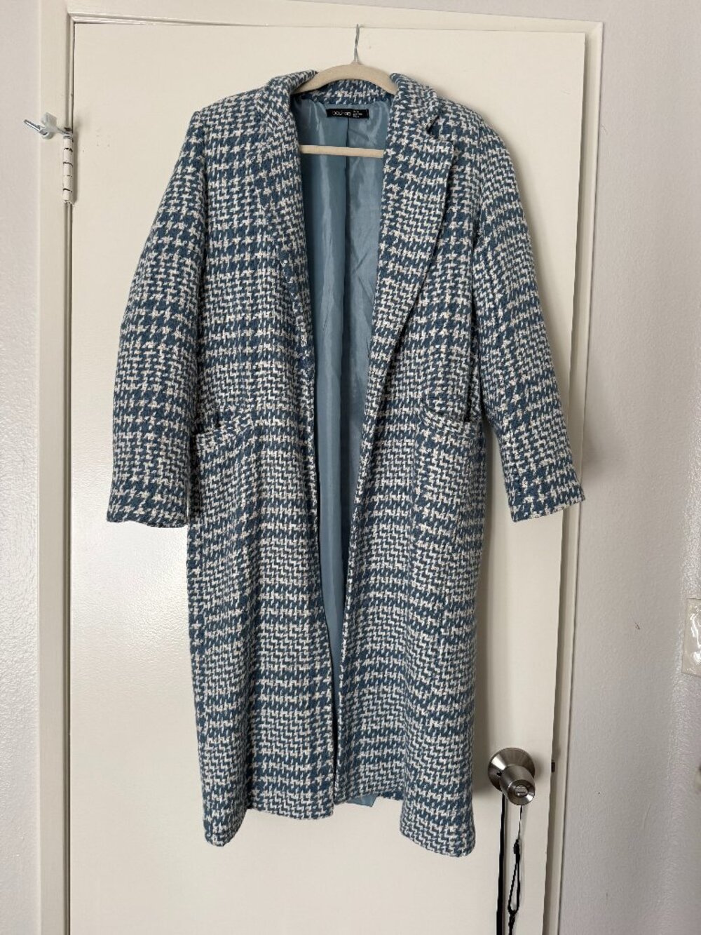Boohoo Blue White Houndstooth Longline Coat Tailored Wool Look Jacket